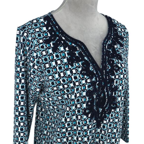 Pappagallo Top Womens Small Blue White Trimmed Neck Tunic Blouse Stretch Knit - Picture 6 of 13